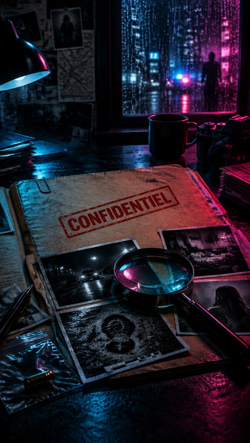 Dossier d'enquête tamponné Confidentiel sous une lampe, photos et loupe
